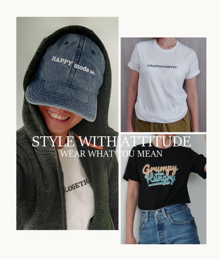 Mood Muse & Me hero image. Style With Attitude. Wear What You Mean. The girl on the left wearing minimalist slogan cap styled for everyday wear. Lady in the middle wearing statement t-shirt with bold slogan. Woman on the right wearing expressive graphic tee street style.